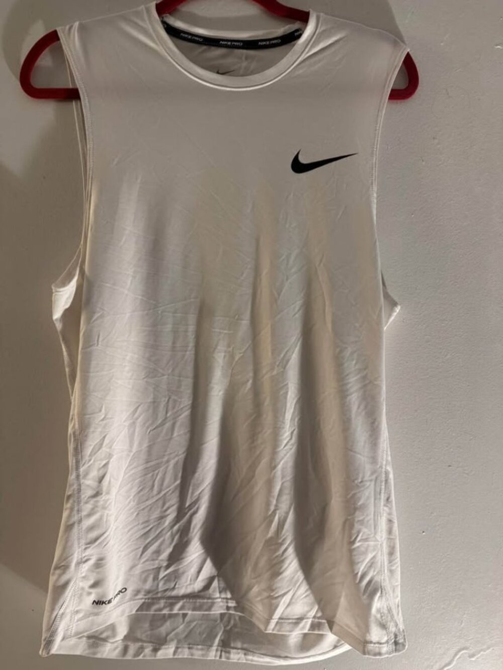 Men's White Nike Pro Dri-FIT sleeveless athletic top  a black swoosh logo size M